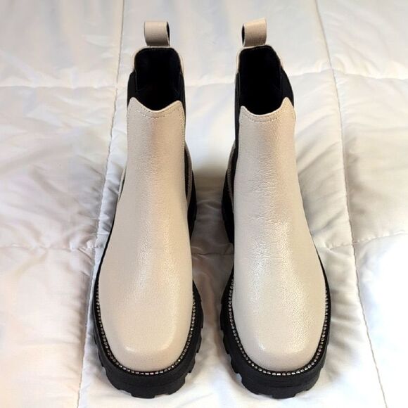 Karl Lagerfeld Size 9 Mayde Cream Leather And Rhinestone Trimmed Boots, NEW - Picture 2 of 14